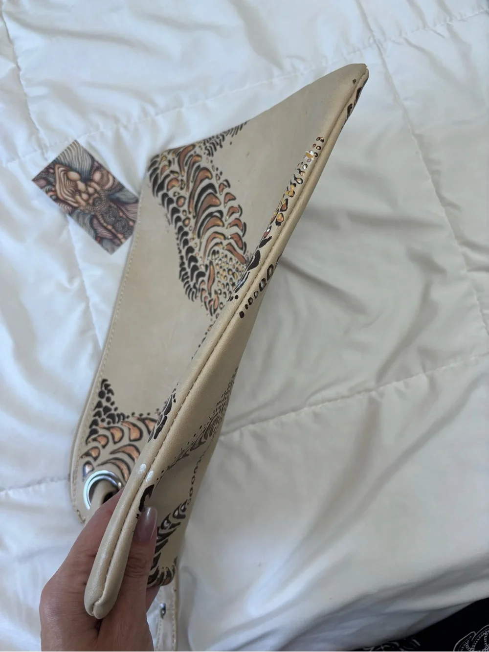 Wristlet Clutch in Taupe with Black and Metallic Accents. Hand painted